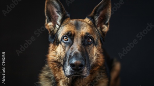 German Shepherd portrait with alert ears, black and tan coat. Pet Dog german shepherd portrait looking direct in camera