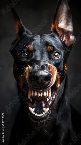 an angry aggressive dobermann close-up portrait looking direct in camera while growl with teeth. Angry dog showing teeth with a dark background