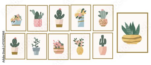 Houseplants and flowers in pots and vases - set of posters. Vector illustration can used for home decor, labels, postcards.