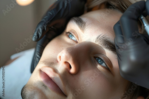 Close up of cosmetologist making permanent makeup. Microblading procedure. Man laying on a couch during the esthetician brow microblading treatment. Brow care concept. Plucking brows