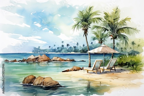 Summer holiday vacation and hat, coconut tree, umbrella with sea beach watercolor illustration background