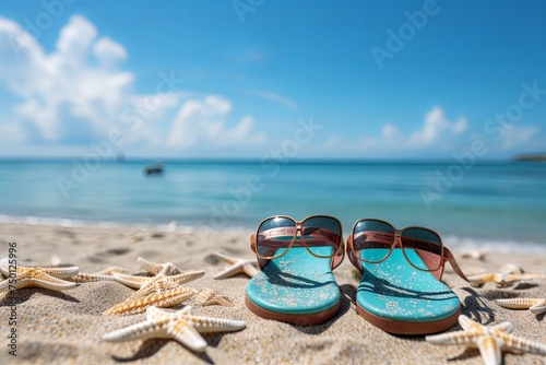 Summer vacation with sunglasses starfish turquoise and beautiful sandy tropical beach against blue sky background