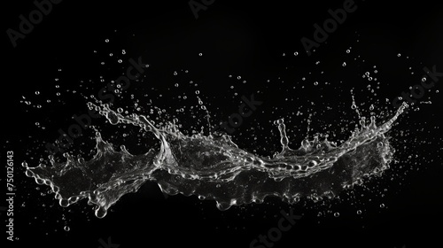 Abstract water splashes contrast vividly against a black background.