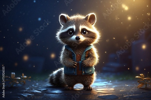 Small Cute Raccoon Standing in the Dark © alexx_60