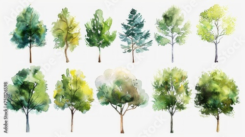 Watercolor Set of Trees Drawing Generative AI