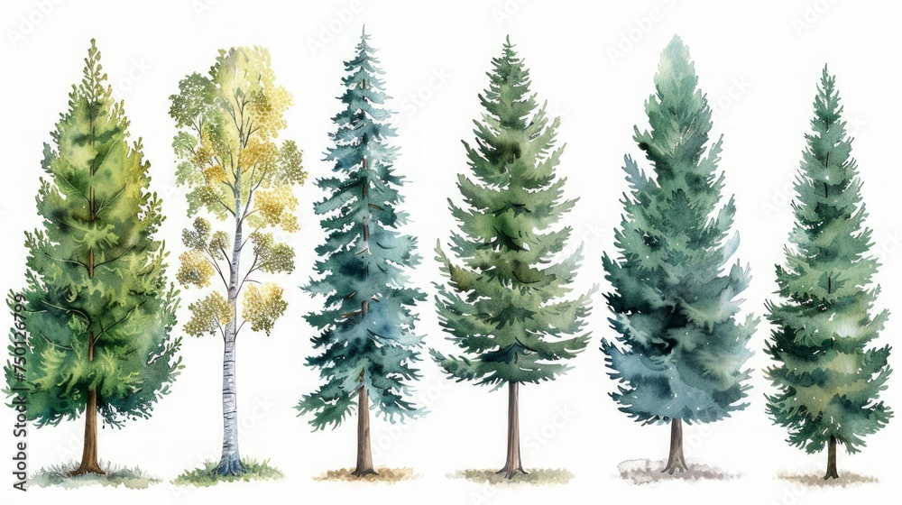 Fototapeta premium Lush Green Pine and Blue Spruce Forest Trees Illustration on White Generative AI
