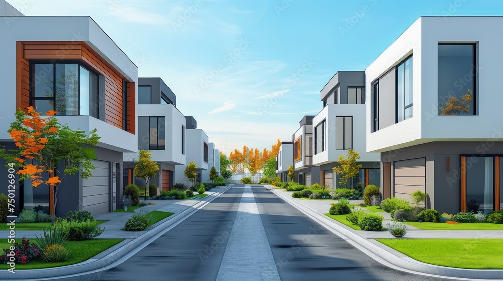 Fototapeta premium A sunny view of a modern suburban neighborhood with stylish contemporary houses, landscaped gardens, and a clear blue sky