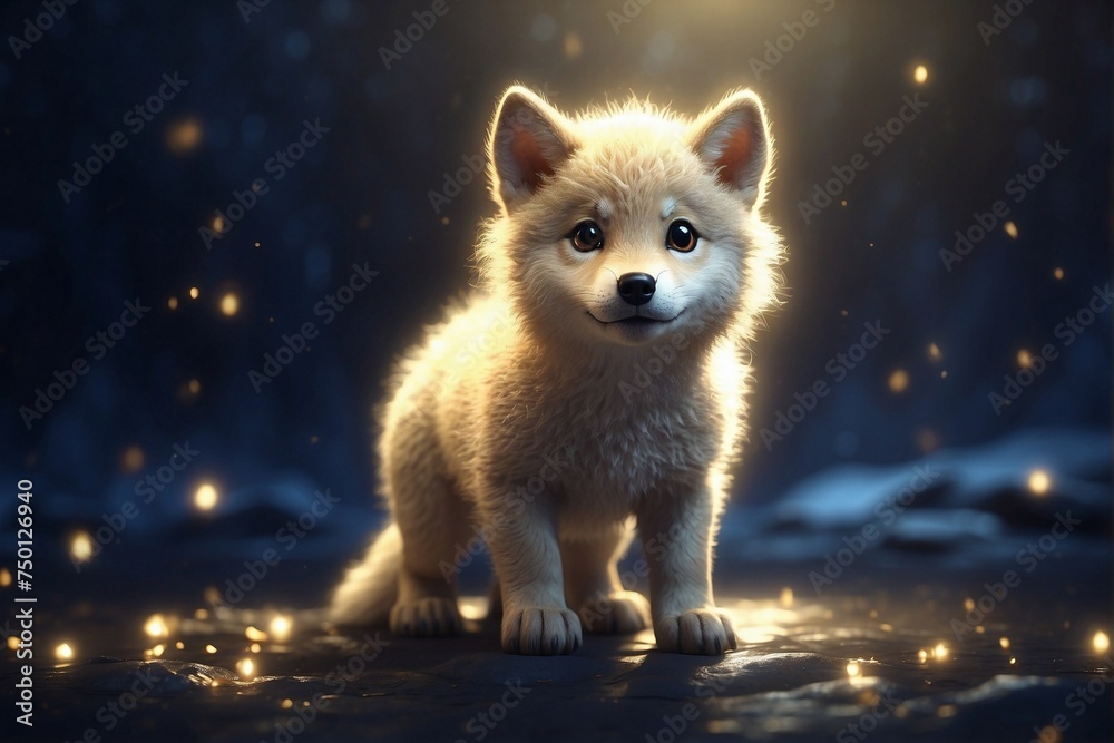 Obraz premium Little Cute Wolf Cub Standing in the Dark