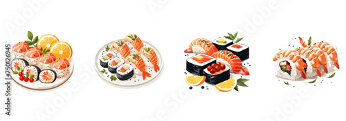 Sushi, Japanese cuisine, seafood clipart vector illustration set