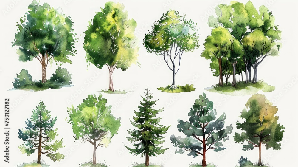 Fototapeta premium Watercolor Cliparts Featuring Assorted Trees Generative AI