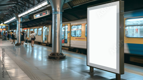 Platform with blank free space board for advertisement. © Sun