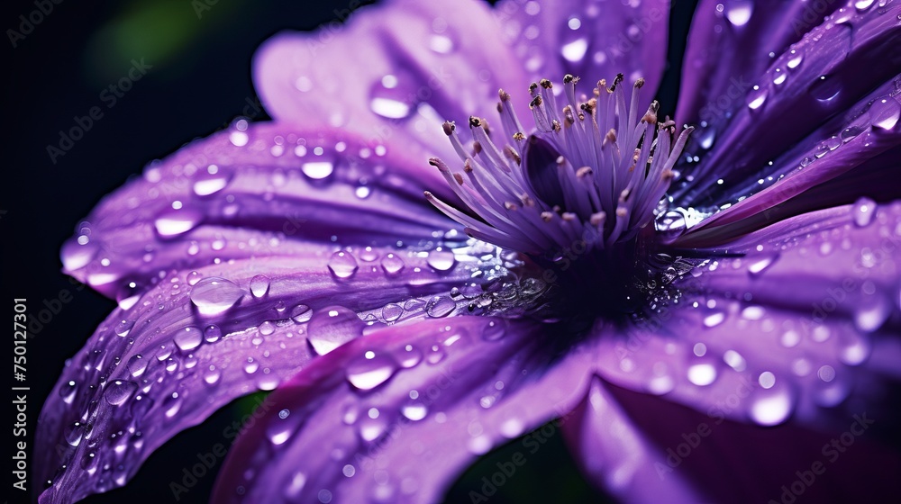 An abstract purple flower, adorned with dew drops, is captured in a captivating macro shot. An abstract purple flower, adorned with dew drops, is captured in a captivating macro shot.