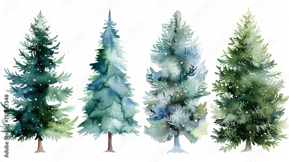 Watercolor Green Christmas Tree Set Generative AI