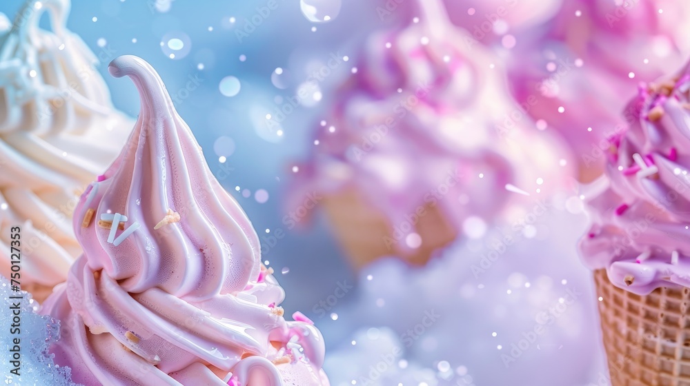 Refreshing vanilla and berry ice cream in a waffle cone with ice cream splashes Refreshing vanilla and berry ice cream in a waffle cone with ice cream splashes