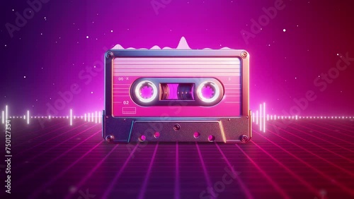 Vizual of a retro-style audio cassette player in a 3D vintage background with audio waves and an equalizer photo