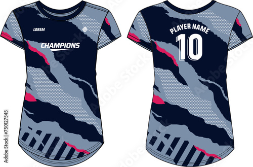 Camouflage Women Sports t-shirt Jersey design Flat sketch Illustration Vector suitable for girls and Ladies for badminton, Soccer, netball, Football, tennis, Volleyball jersey uniform sport kit