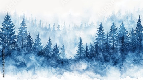 Misty Evergreen Forest Hill in Frozen Taiga Generative AI © Alex