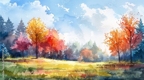 Watercolor Landscape with Lush Trees Generative AI