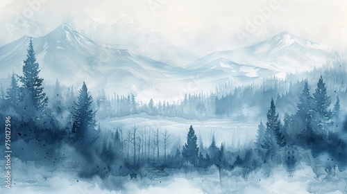 Misty Evergreen Forest Hill in Frozen Taiga Generative AI #750127596