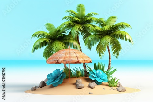 Summer holiday vacation and hat  coconut tree  umbrella beach with isometric background on the travel accessories 3D illustration