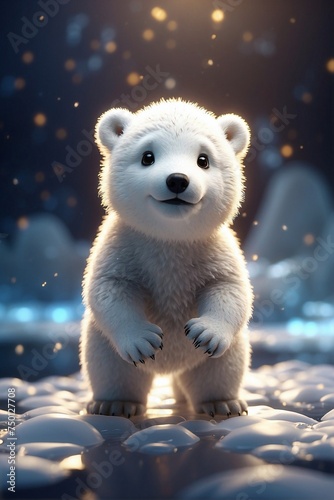 Magical white bear cub standing in the dark on an ice floe with snowy glow © alexx_60