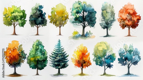 Stylized Tree Collection Watercolor Painting Generative AI