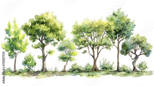 Watercolor Set of Isolated Tree Side View for Landscape and Architecture Design Generative AI