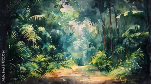 Tropical Paradise  Watercolor Painting of Lush Green Trees and Leaves Generative AI