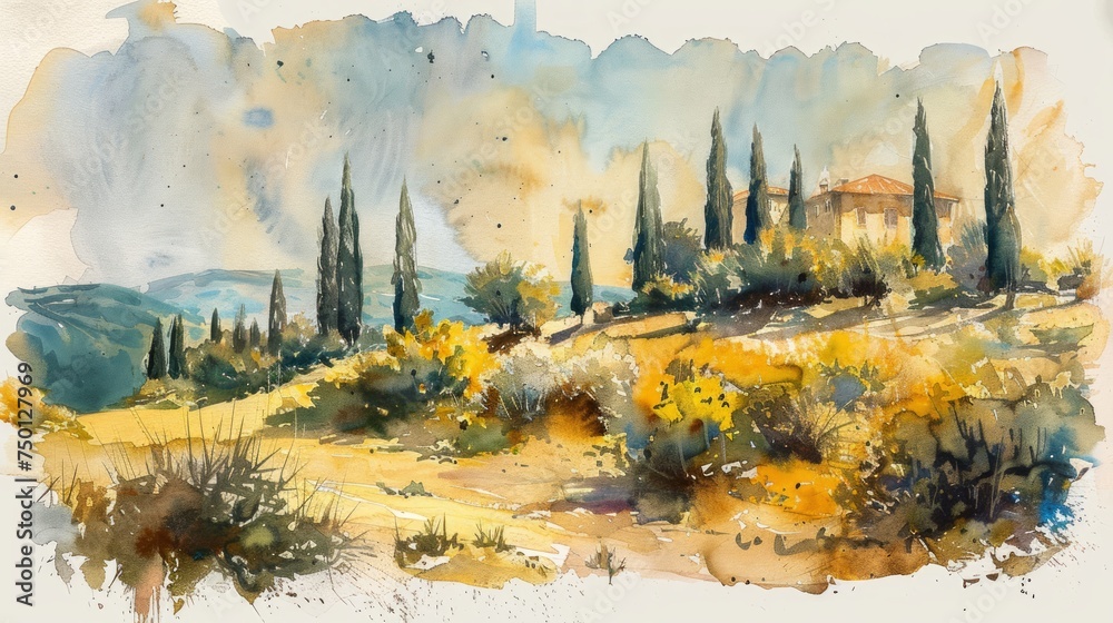 Cypress Trees Hillside Watercolor Sketch Generative AI