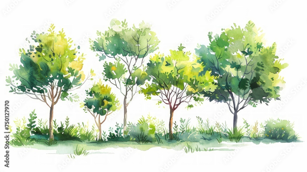 Fototapeta premium Hand-Drawn Summer Landscape with Lush Green Plants and Trees Generative AI