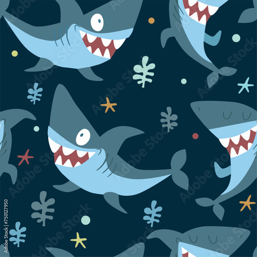 Cute pattern with sharks on blue background with sea plants in a cartoon .