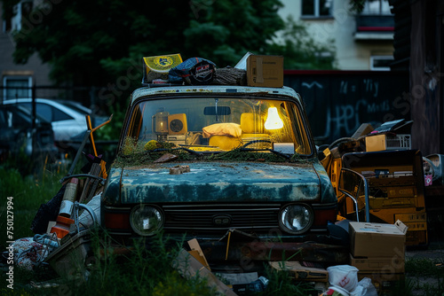 An old car turned into a temporary home. Homelessness, houselessness concept, house for homeless person, houseless