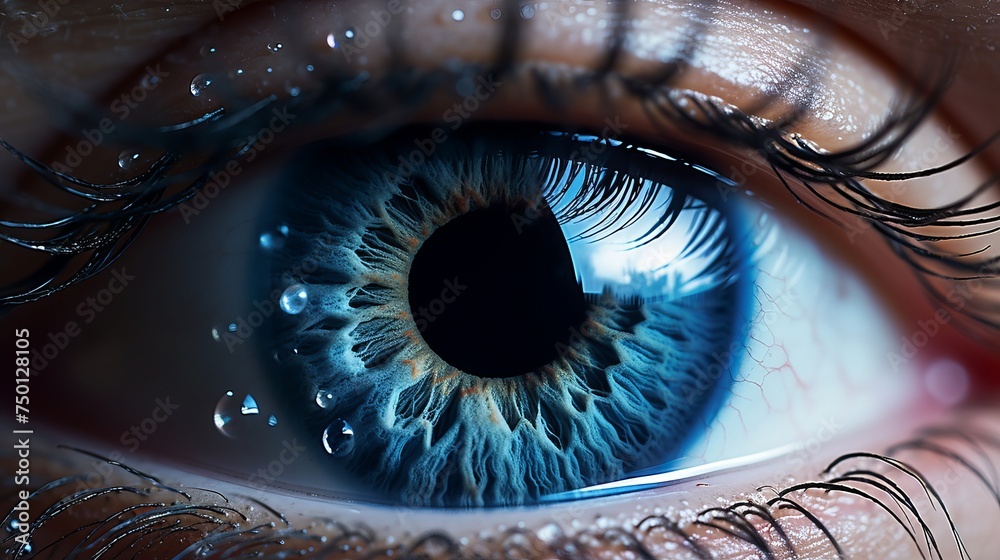 An extreme macro shot zooms in on a blue human eye, revealing intricate details.