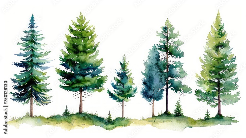 Watercolor Scene with Green Pine and Blue Spruce Trees on Hillside Island Meadow Generative AI