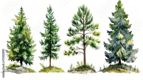 Watercolor Scene with Green Pine and Blue Spruce Trees on Hillside Island Meadow Generative AI
