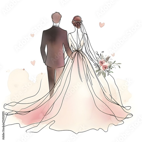 Watercolor illustration of a loving couple of newlyweds bride and groom 