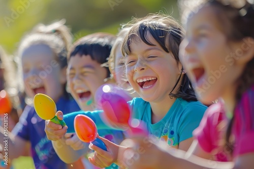 Children Laughing and Racing with Brightly Colored Eggs on Spoons at a Sunny Easter Day Gathering photo
