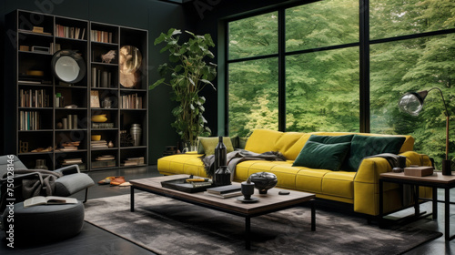 A modern living room with a stunning color palette of black, green, and yellow