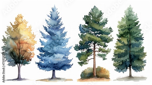 Lush Green Pine and Blue Spruce Watercolor Tree Set Generative AI photo