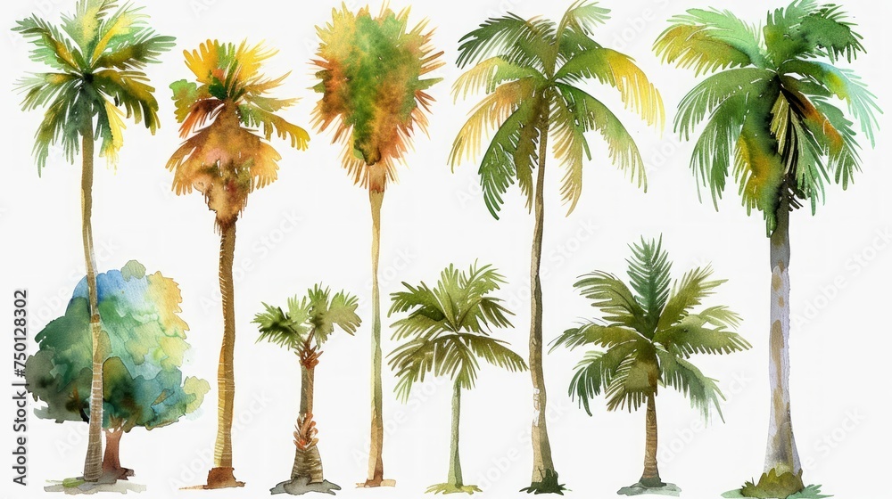 Hand Drawn Tropical Tree Set with Palm Tree Paintings Generative AI