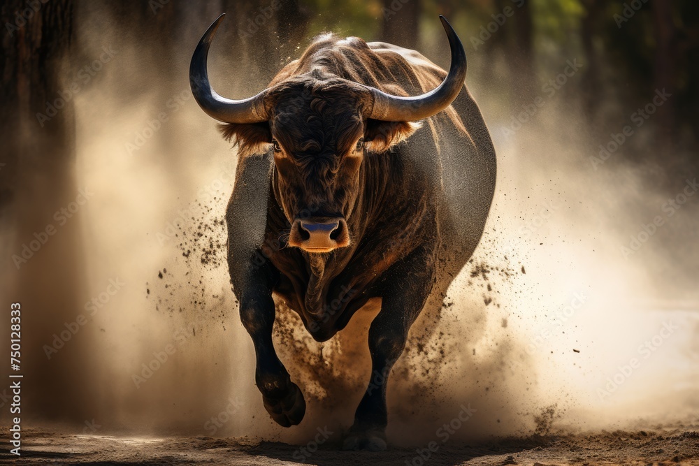 Naklejka premium Intense bull charging at matador in classic arena, vibrant spectators capturing dramatic moment