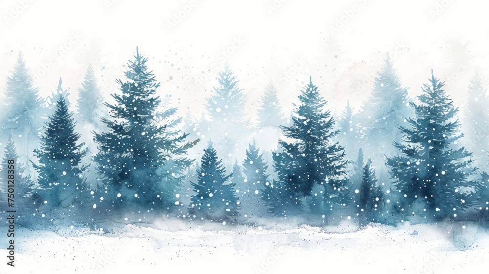 Hand-Painted Winter Forest with Pine Trees and Falling Snow Generative AI