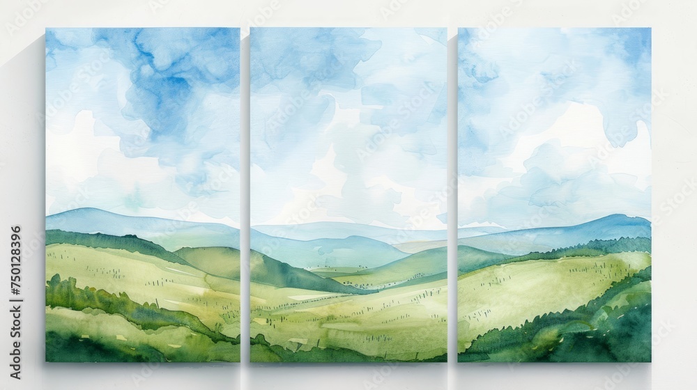Blue Sky and Green Field Landscape Watercolor Wedding Invitation Set Generative AI