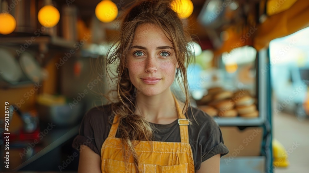 Obraz premium Woman Running a Successful Fast Food Truck Business Generative AI