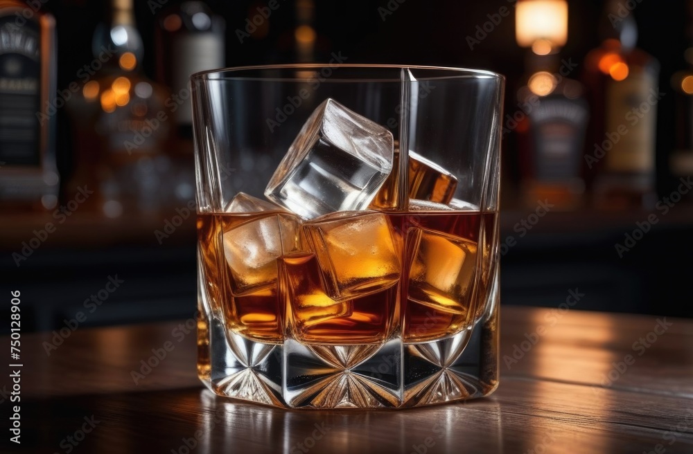 Glasses of whiskey with ice cubes in them on top of bar table next to a bottle, perfectly chilled and ready to enjoy. Night club background decoration mock up, bar drinking menu, advertising, banner. Glasses of whiskey with ice cubes in them on top of bar table next to a bottle, perfectly chilled and ready to enjoy. Night club background decoration mock up, bar drinking menu, advertising, banner.