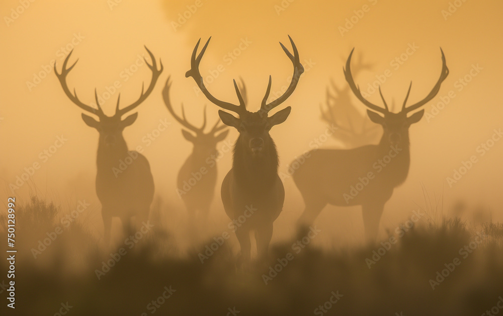 Fototapeta premium Deer silhouettes in the mist. Generative AI