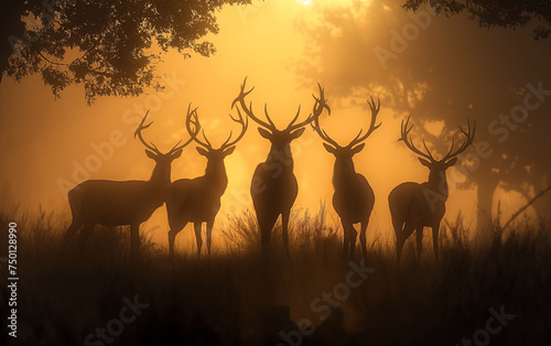 Deer silhouettes in the mist. Generative AI