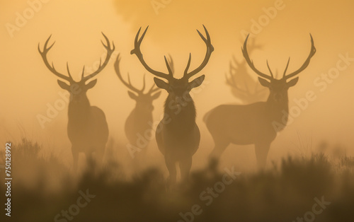 Deer silhouettes in the mist. Generative AI