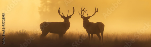 Deer silhouettes in the mist.Panorama view. Generative AI
