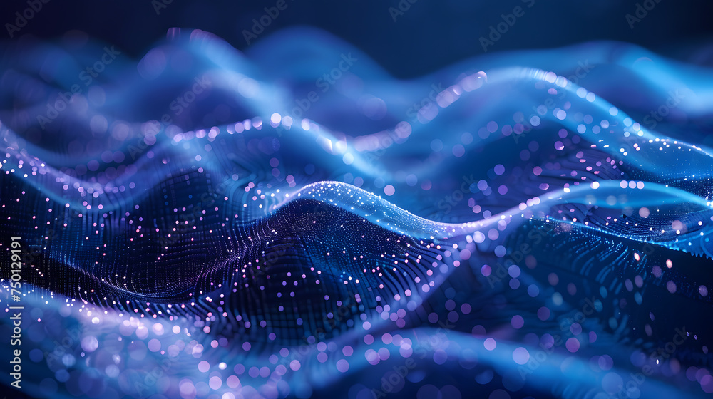 A photo of holo abstract 3D waves, with an electric blue as the background, during a digital fantasy